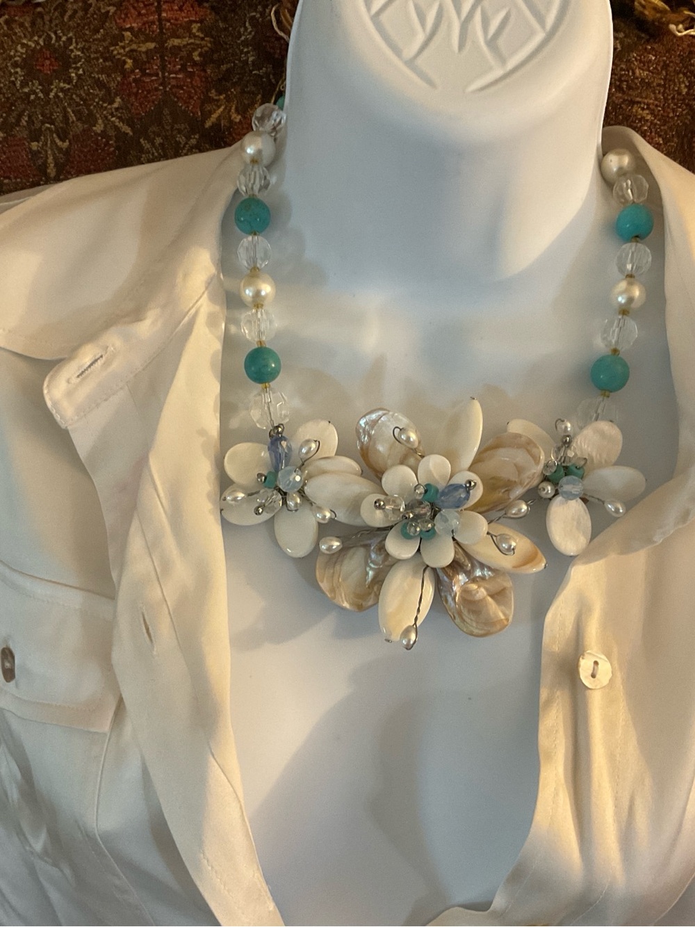 Shell Floral Statement Necklace in White and Turquoise Accents